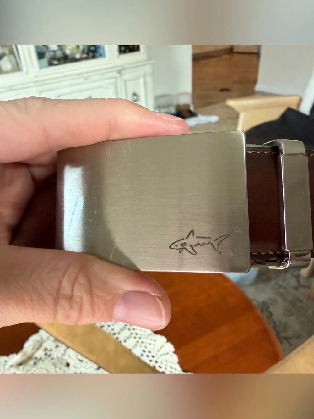 Greg Norman Collection Brown Leather Adjustable Belt with Brushed Silver Buckle